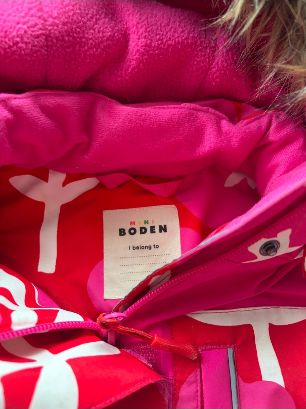 Mini Boden Hot Pink & White Graphic winter parka
